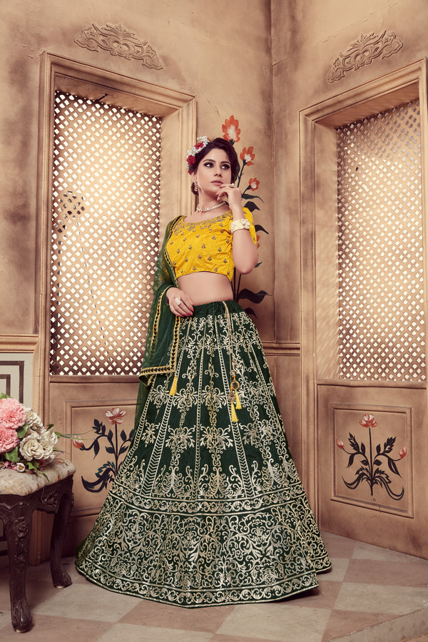 Dark Green Multi Rubber Foil Embroidered Silk Semi Stitched Wedding Lehenga ClothsVilla