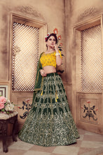 Load image into Gallery viewer, Dark Green Multi Rubber Foil Embroidered Silk Semi Stitched Wedding Lehenga ClothsVilla