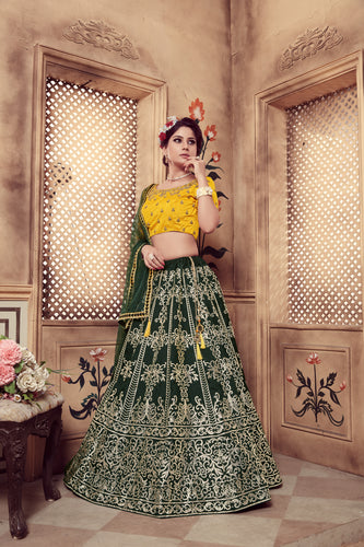 Dark Green Multi Rubber Foil Embroidered Silk Semi Stitched Wedding Lehenga ClothsVilla