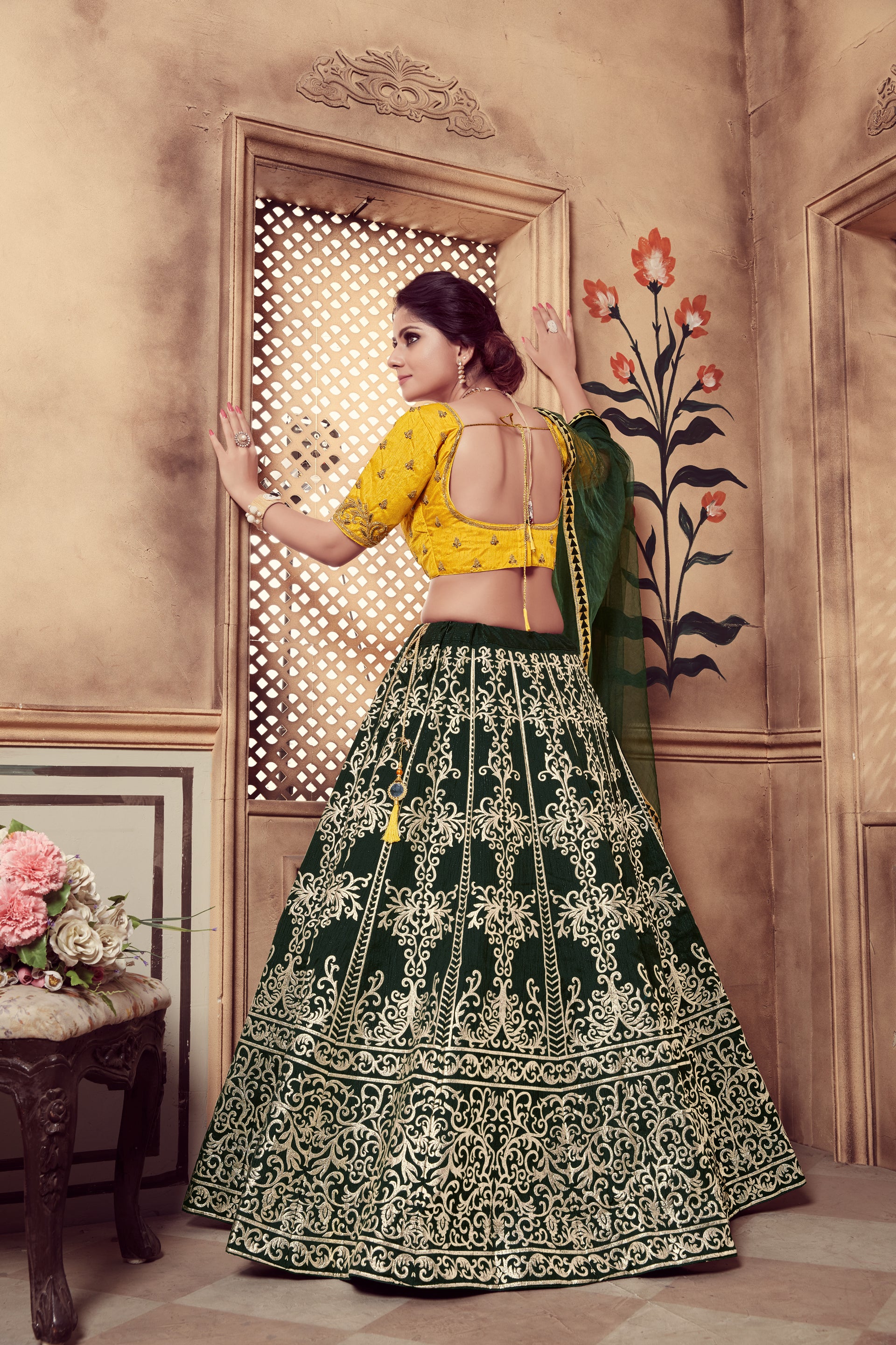 Dark Green Multi Rubber Foil Embroidered Silk Semi Stitched Wedding Lehenga ClothsVilla