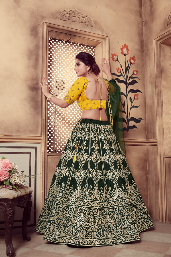 Dark Green Multi Rubber Foil Embroidered Silk Semi Stitched Wedding Lehenga ClothsVilla