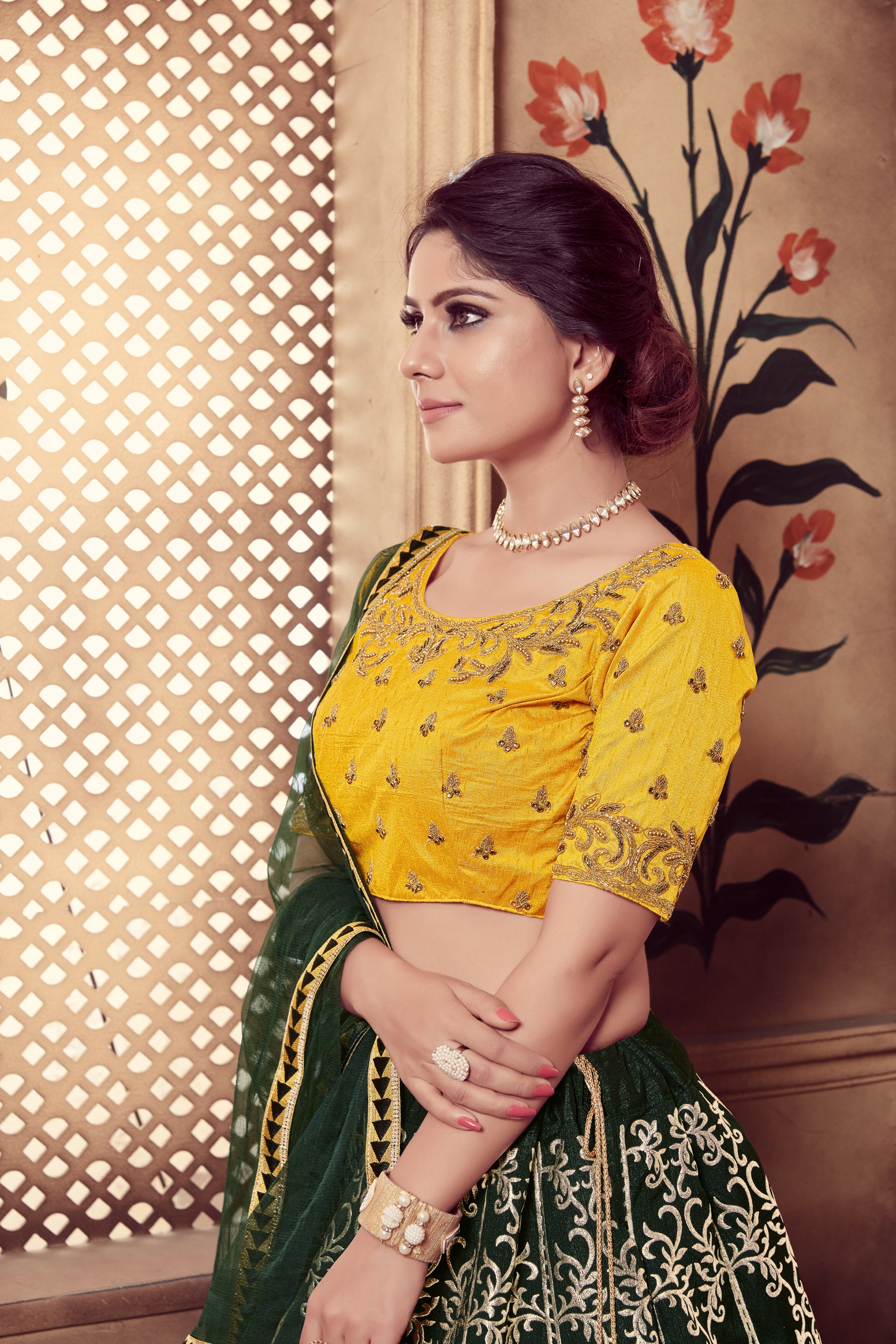 Dark Green Multi Rubber Foil Embroidered Silk Semi Stitched Wedding Lehenga ClothsVilla