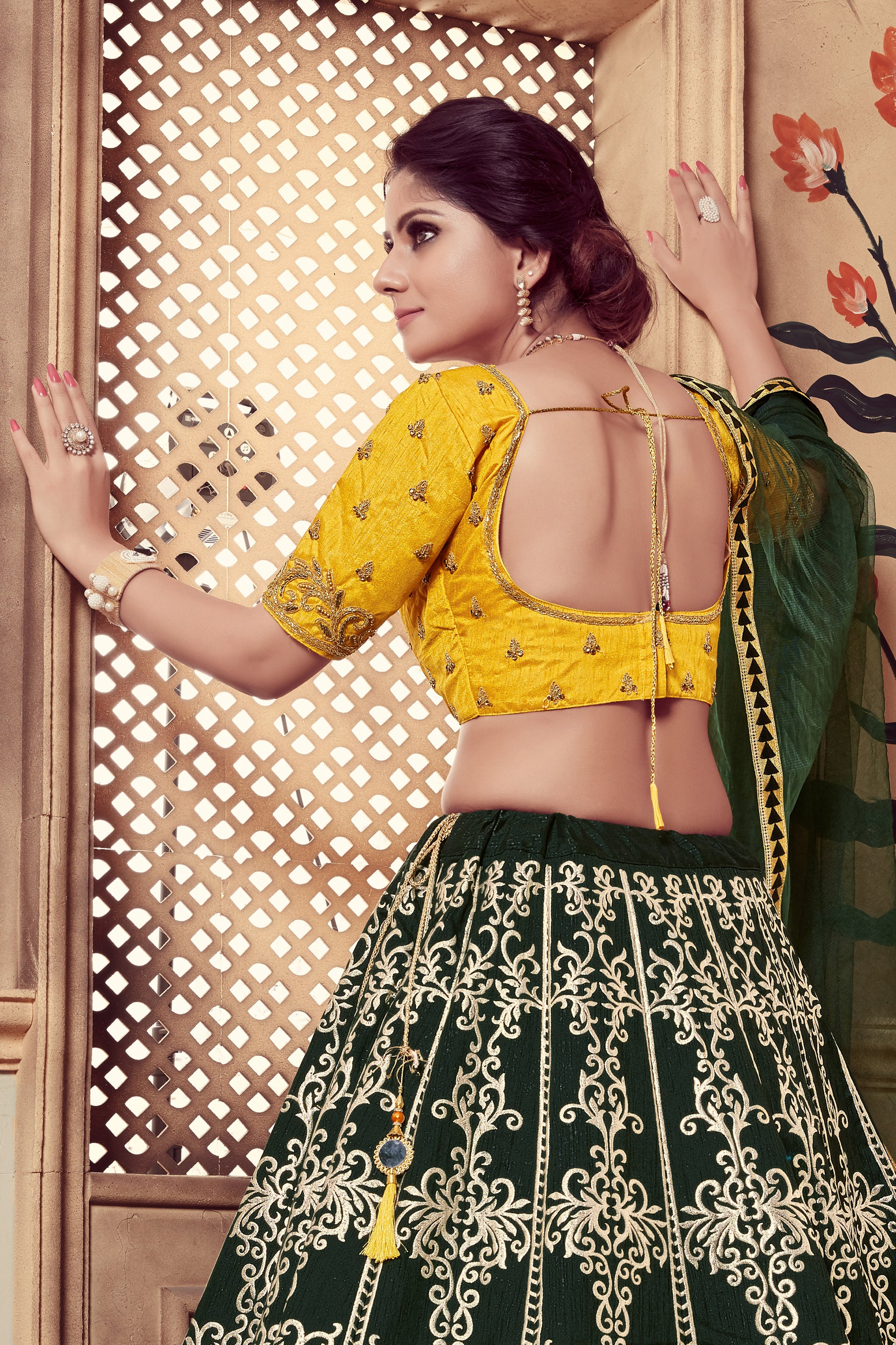 Dark Green Multi Rubber Foil Embroidered Silk Semi Stitched Wedding Lehenga ClothsVilla