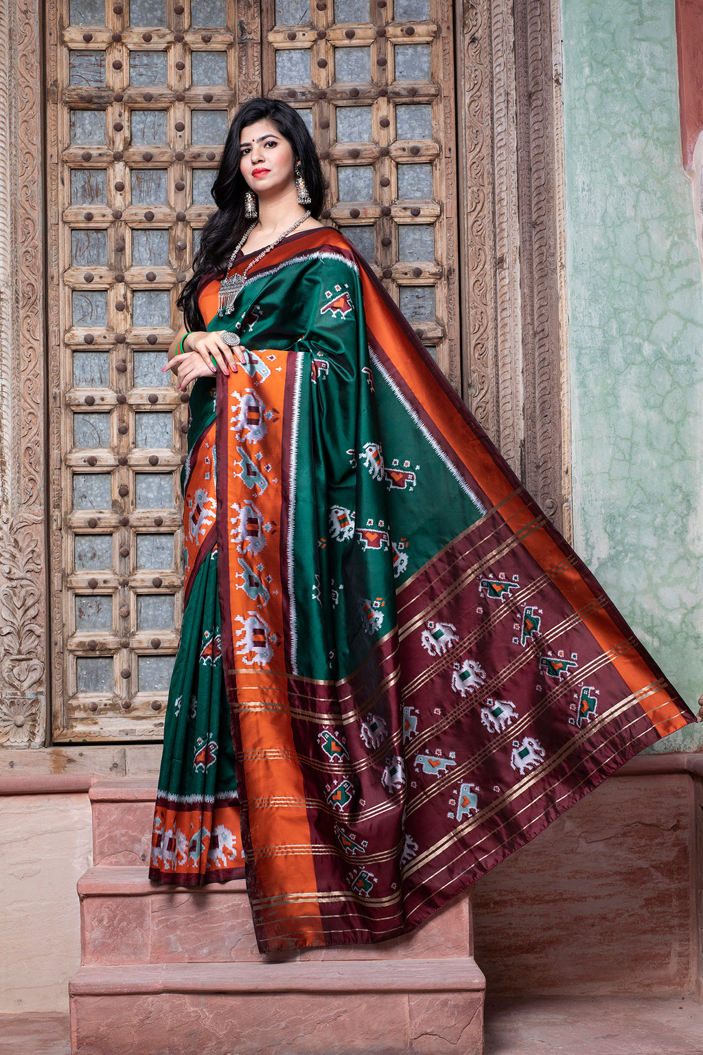 Dark Green Printed Wedding Events Patola Silk Saree ClothsVilla