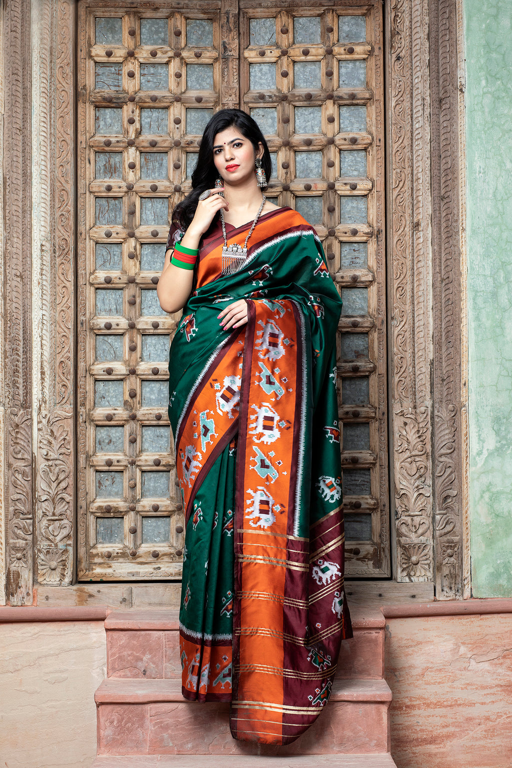 Dark Green Printed Wedding Events Patola Silk Saree ClothsVilla