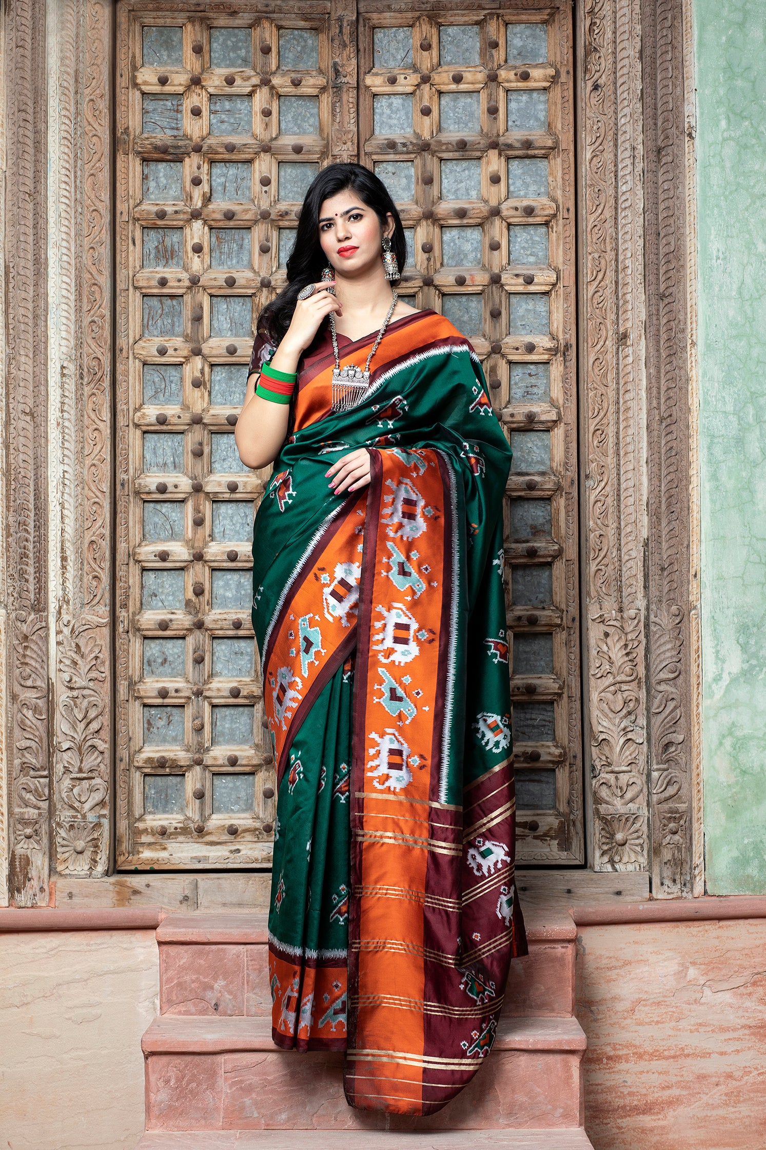 Dark Green Printed Wedding Events Patola Silk Saree ClothsVilla