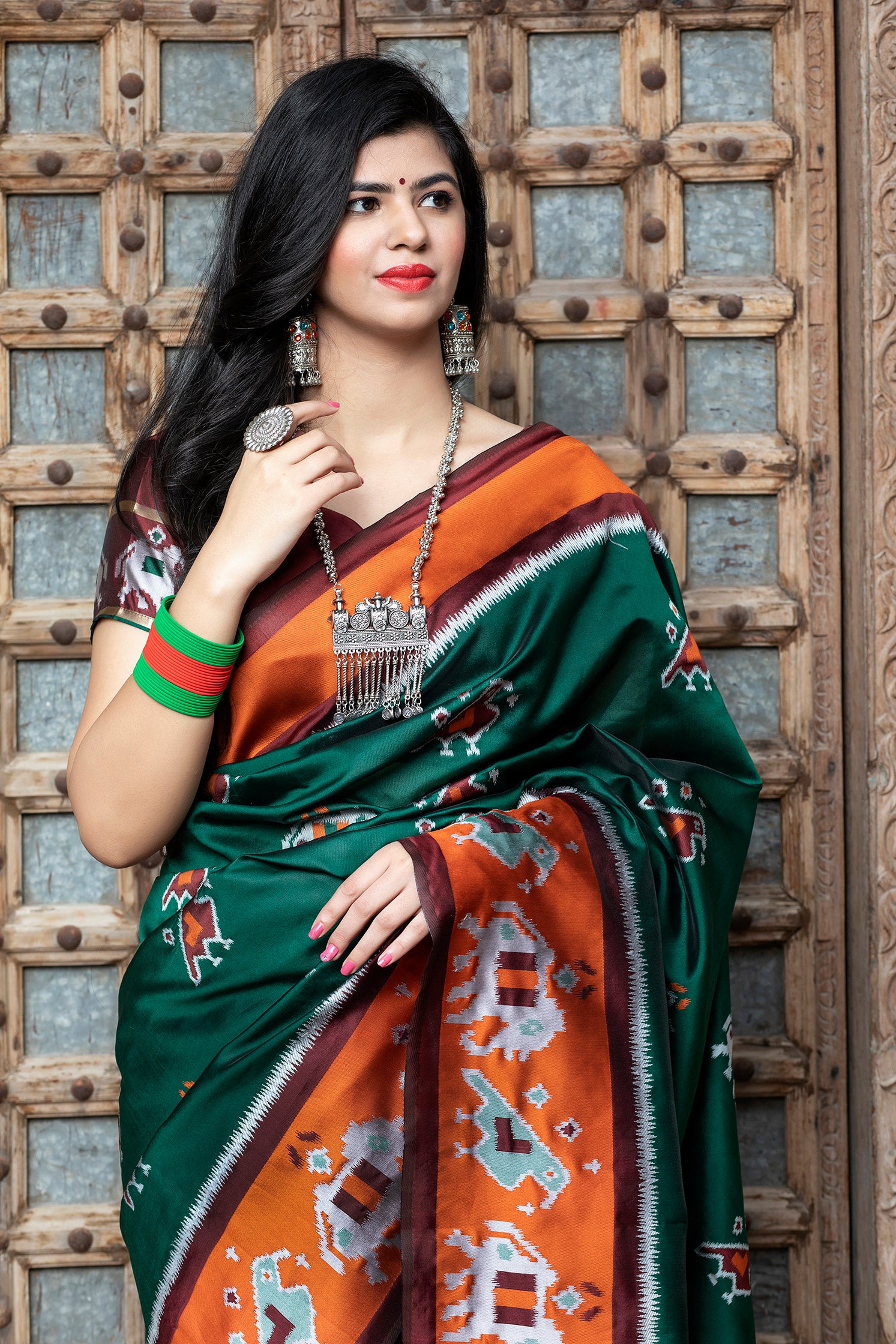 Dark Green Printed Wedding Events Patola Silk Saree ClothsVilla