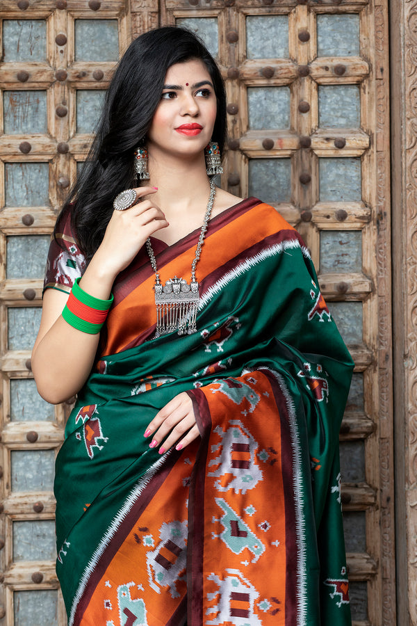 Dark Green Printed Wedding Events Patola Silk Saree ClothsVilla
