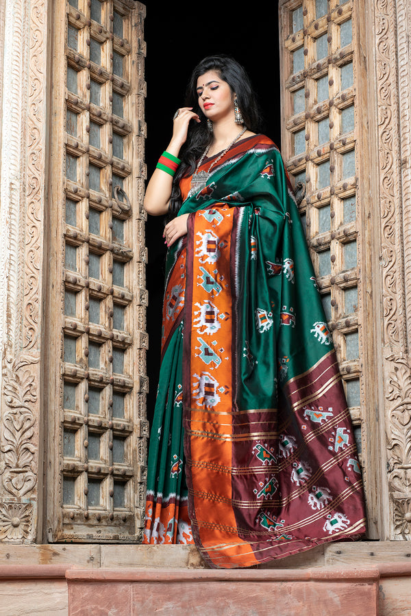 Dark Green Printed Wedding Events Patola Silk Saree ClothsVilla
