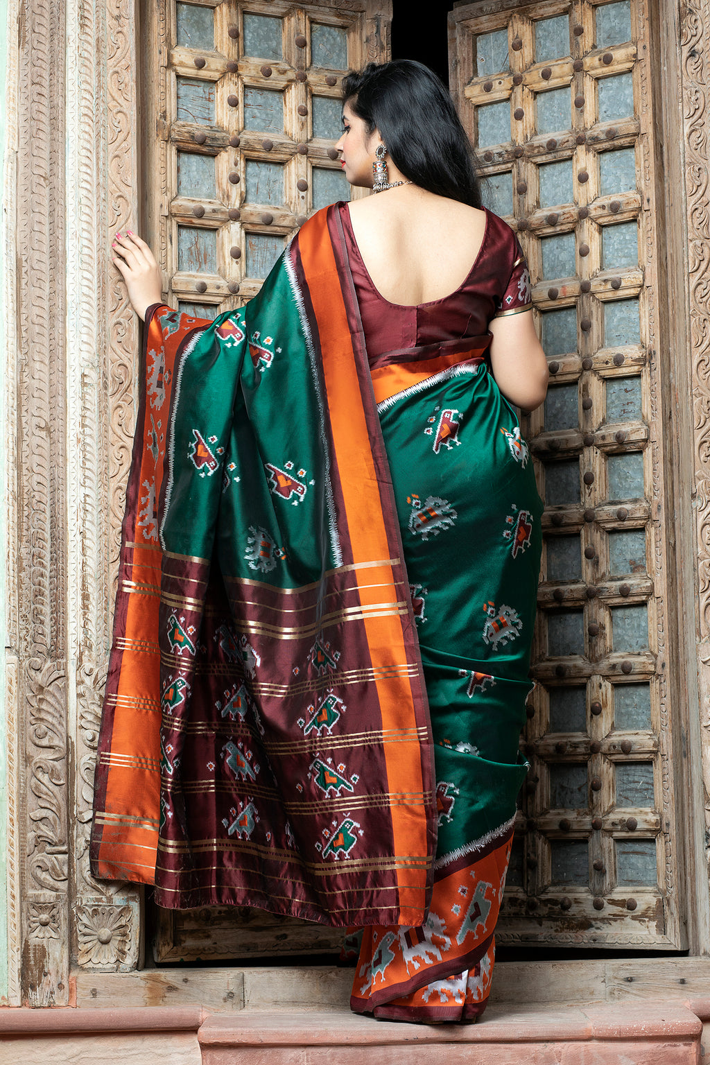 Dark Green Printed Wedding Events Patola Silk Saree ClothsVilla