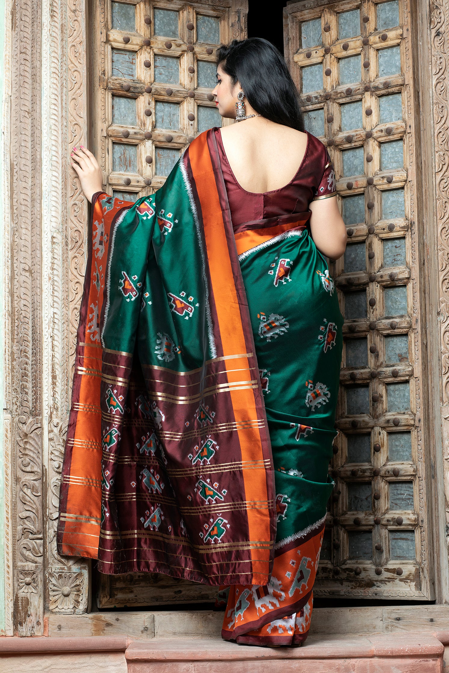 Dark Green Printed Wedding Events Patola Silk Saree ClothsVilla