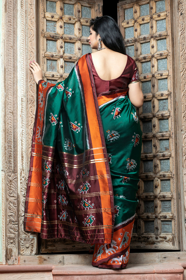 Dark Green Printed Wedding Events Patola Silk Saree ClothsVilla