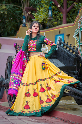 Dark Green Soft Cotton Resham Embroidered & Real Mirror Work With Lahenga Choli ClothsVilla