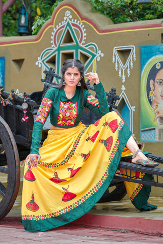 Dark Green Soft Cotton Resham Embroidered & Real Mirror Work With Lahenga Choli ClothsVilla