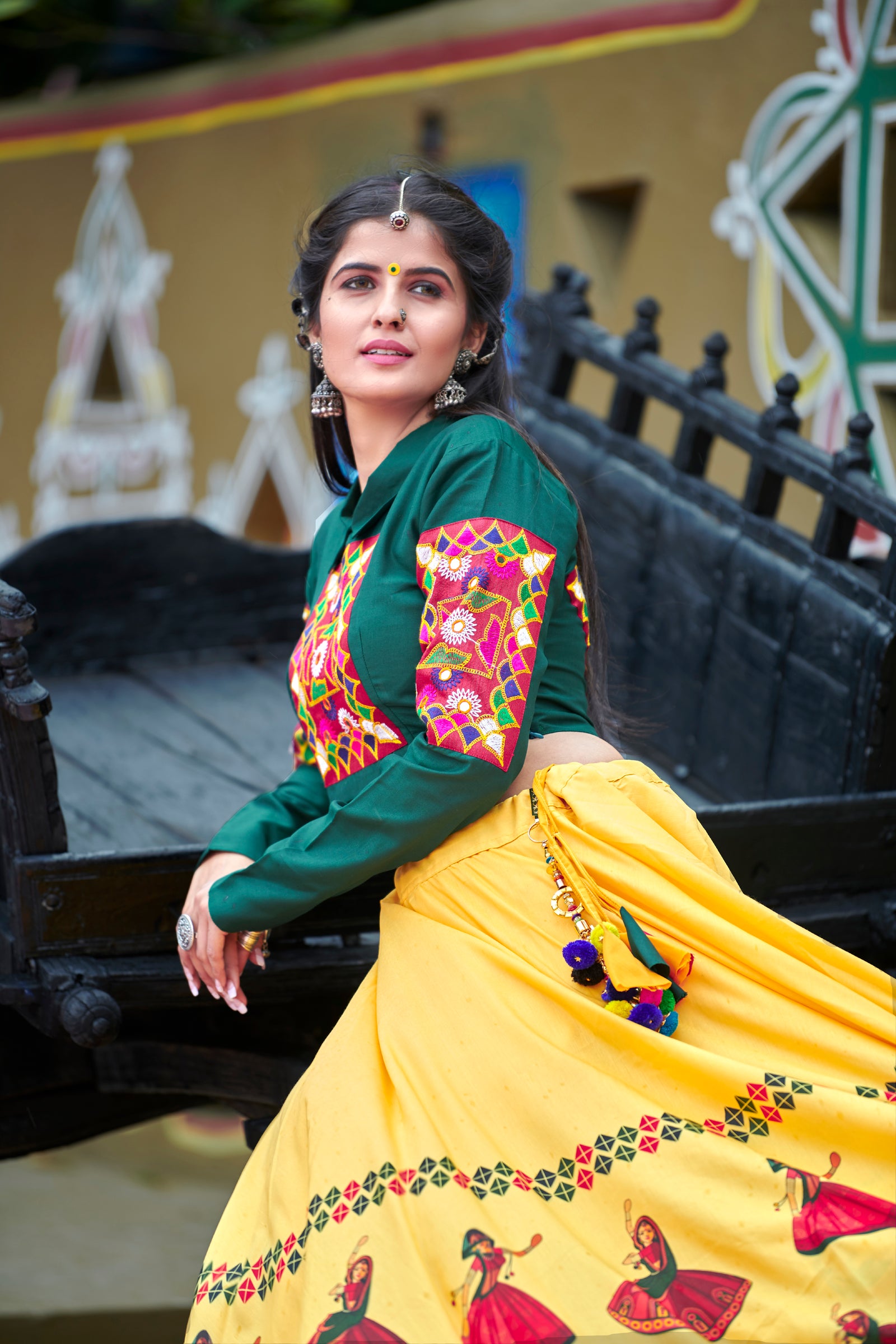 Dark Green Soft Cotton Resham Embroidered & Real Mirror Work With Lahenga Choli ClothsVilla