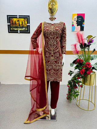 Dark Red Salwar Suit in Faux Georgette with Dupatta Clothsvilla