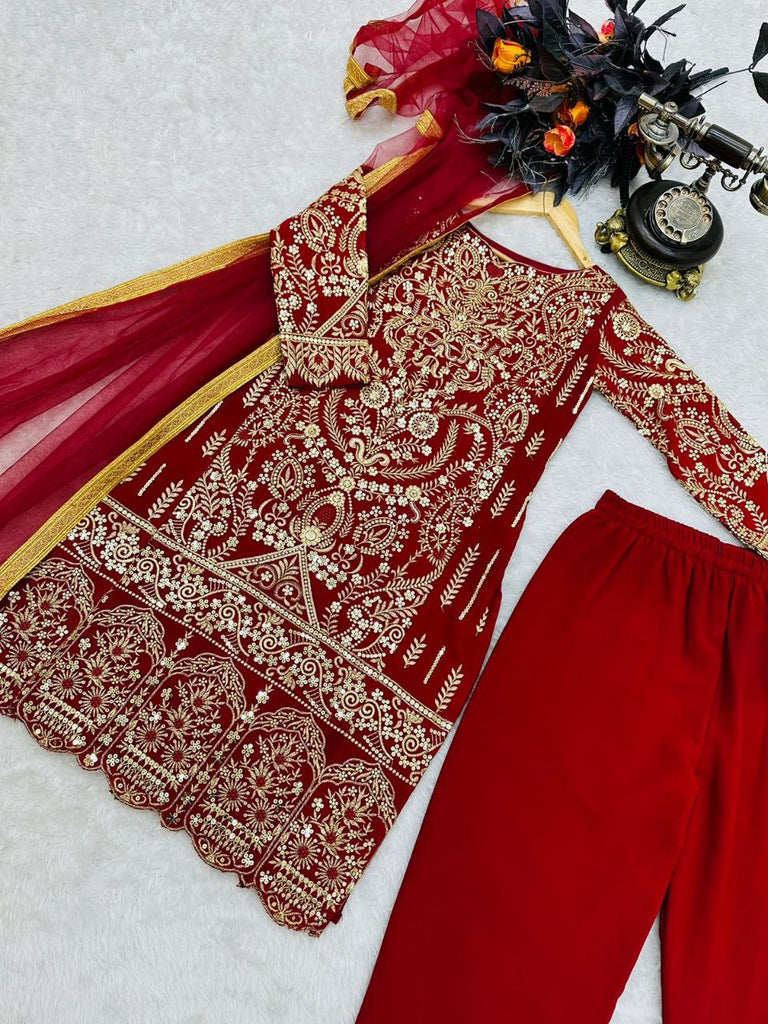 Dark Red Salwar Suit in Faux Georgette with Dupatta Clothsvilla