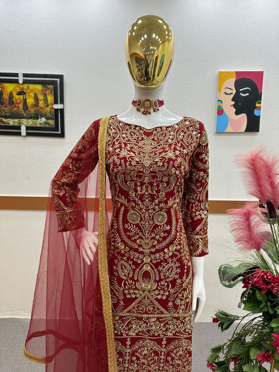 Dark Red Salwar Suit in Faux Georgette with Dupatta Clothsvilla