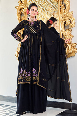 Dark Blue Georgette Thread And Sequins Embroidered Kurta Palazzo Set ClothsVilla.com