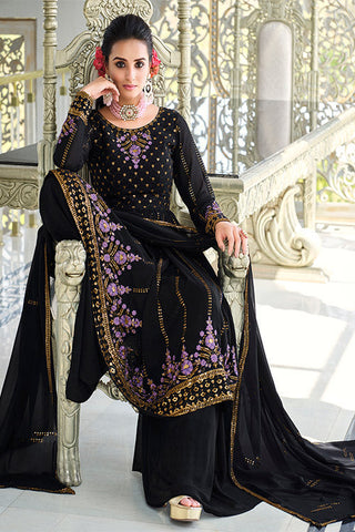 Dark Blue Georgette Thread And Sequins Embroidered Kurta Palazzo Set ClothsVilla.com