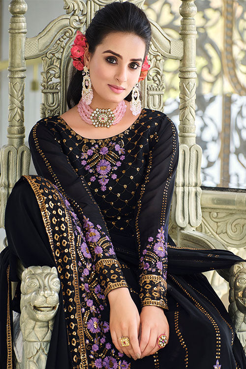 Dark Blue Georgette Thread And Sequins Embroidered Kurta Palazzo Set ClothsVilla.com