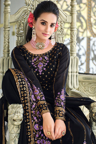 Dark Blue Georgette Thread And Sequins Embroidered Kurta Palazzo Set ClothsVilla.com