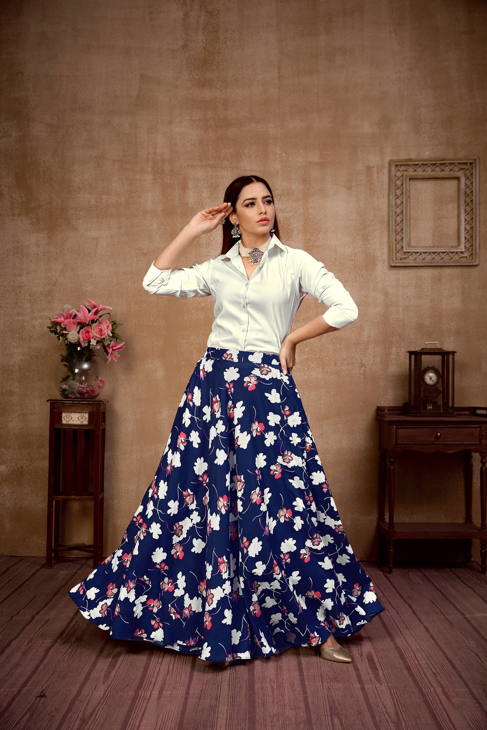 Dashing Navy Blue And White Color Silk Lehenga Choli Clothsvilla
