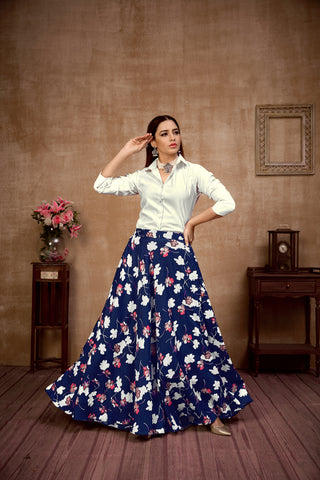 Dashing Navy Blue And White Color Silk Lehenga Choli Clothsvilla