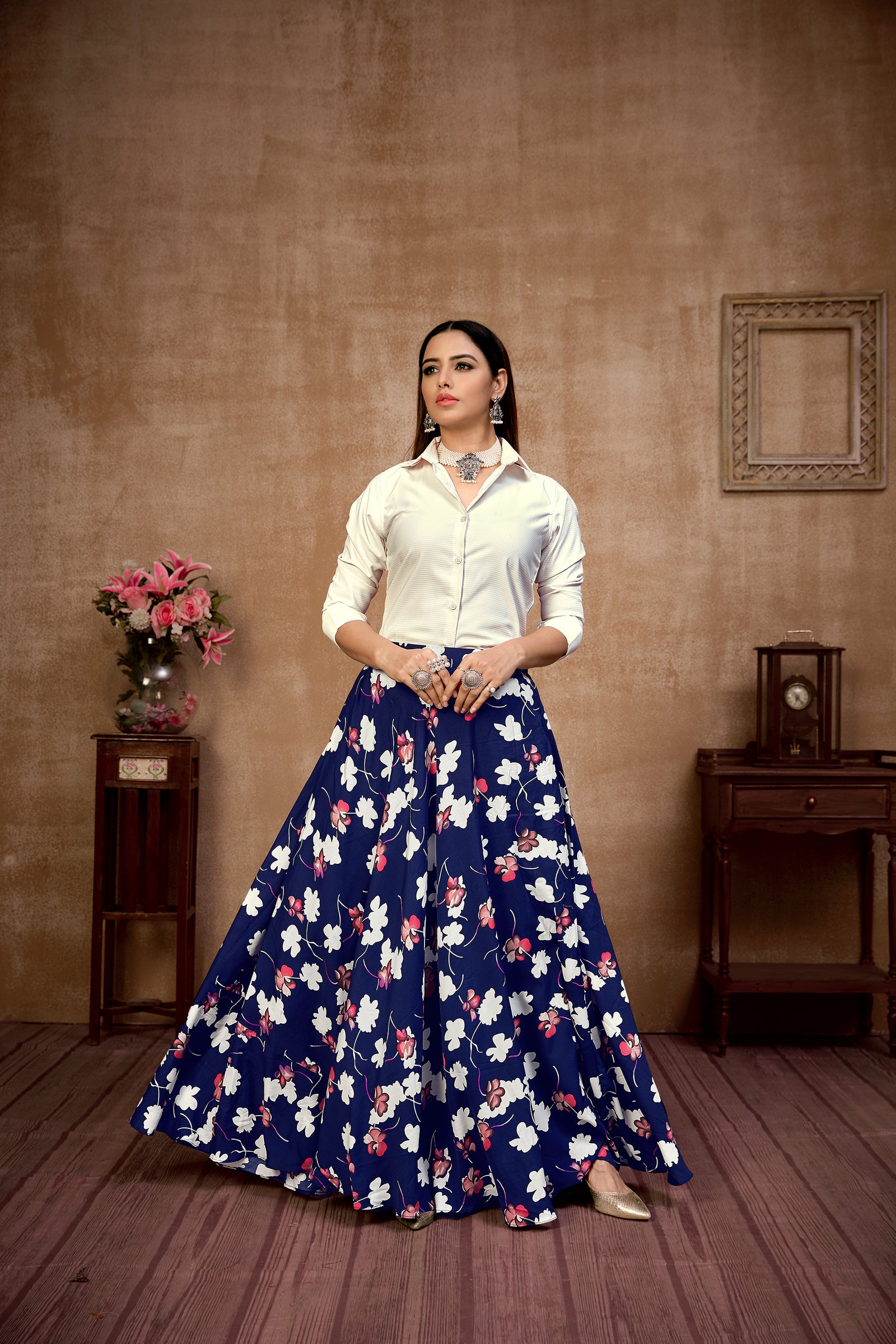 Dashing Navy Blue And White Color Silk Lehenga Choli Clothsvilla