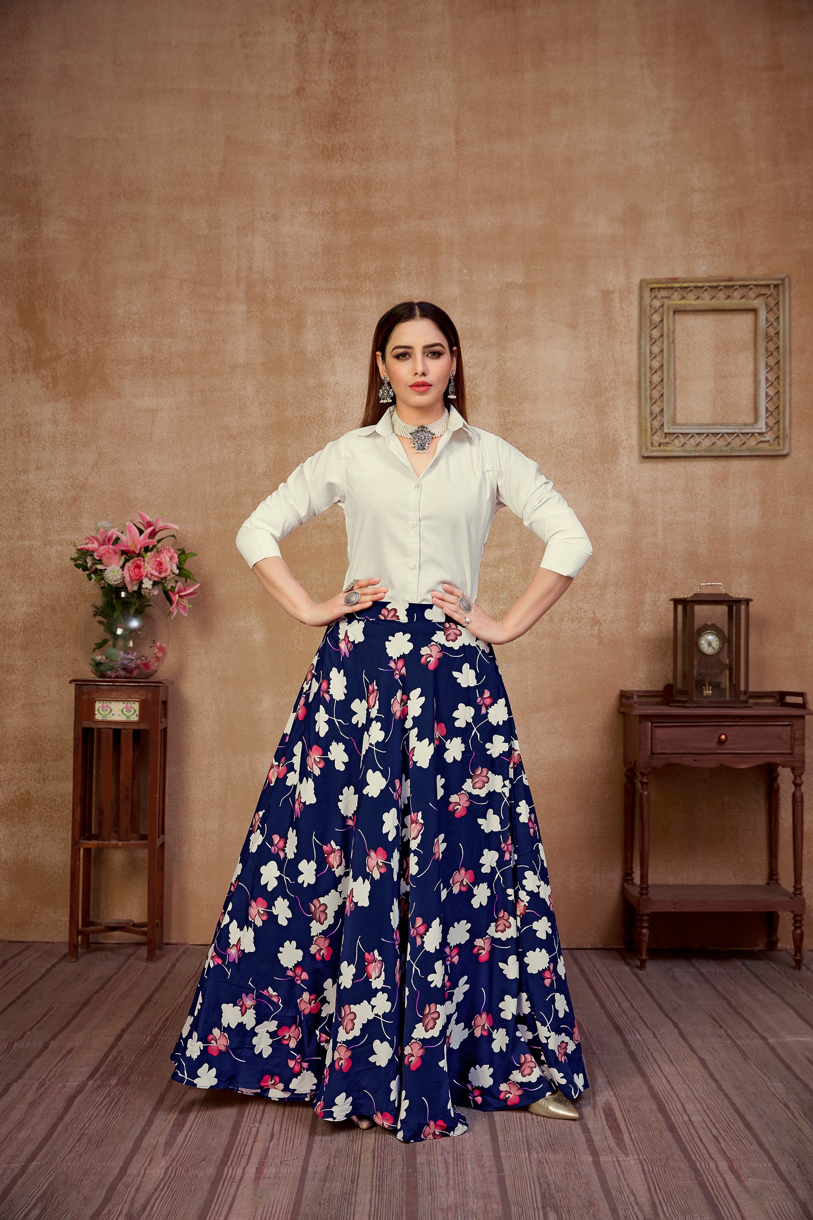 Dashing Navy Blue And White Color Silk Lehenga Choli Clothsvilla