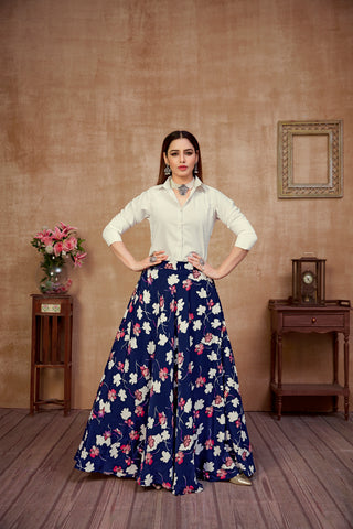 Dashing Navy Blue And White Color Silk Lehenga Choli Clothsvilla