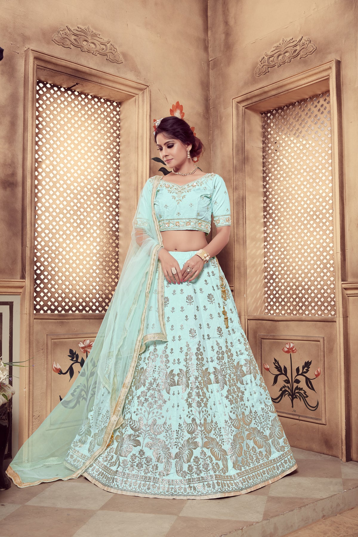 Dazzling Aqua Blue Art Silk Lehenga Choli ClothsVilla Main image