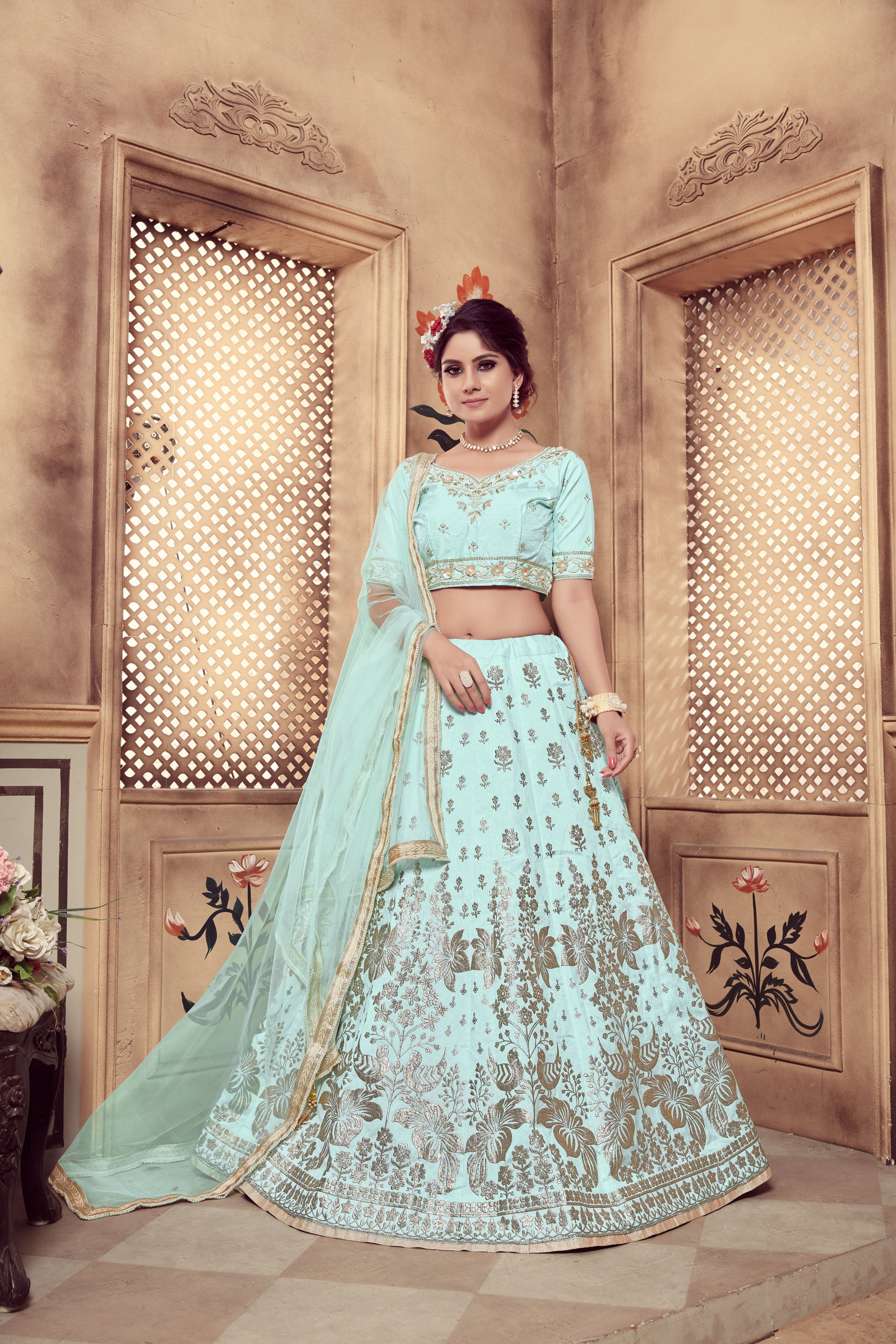 Dazzling Aqua Blue Art Silk Lehenga Choli ClothsVilla