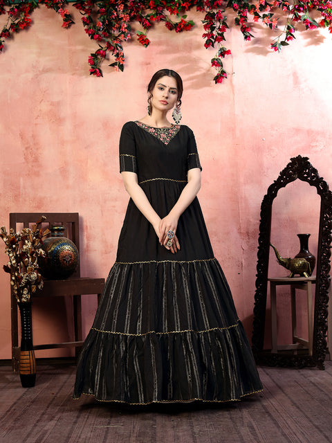 Dazzling Black Thread With Zari Lining Sequence Embroidered Silk Party Wear Gown Semi Stitched ClothsVilla Main image