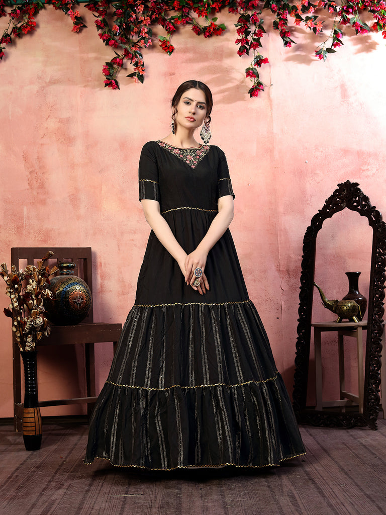Dazzling Black Thread With Zari Lining Sequence Embroidered Silk Party Wear Gown Semi Stitched ClothsVilla