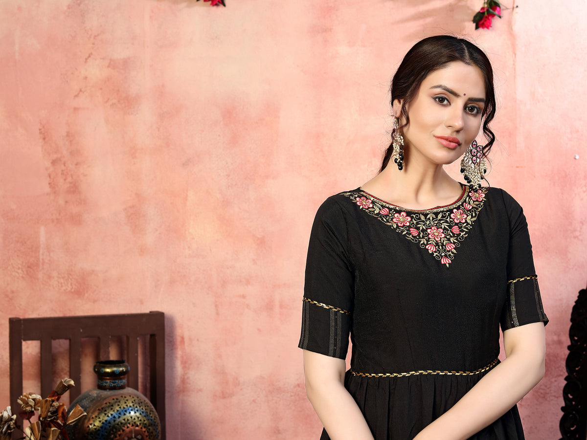 Dazzling Black Thread With Zari Lining Sequence Embroidered Silk Party Wear Gown Semi Stitched ClothsVilla
