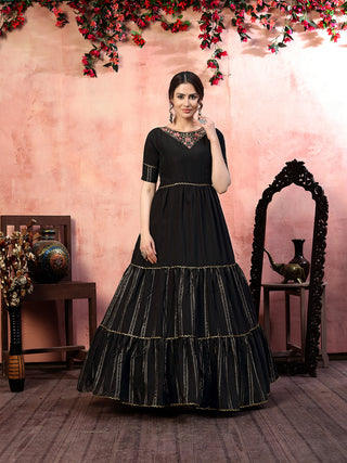Dazzling Black Thread With Zari Lining Sequence Embroidered Silk Party Wear Gown Semi Stitched ClothsVilla