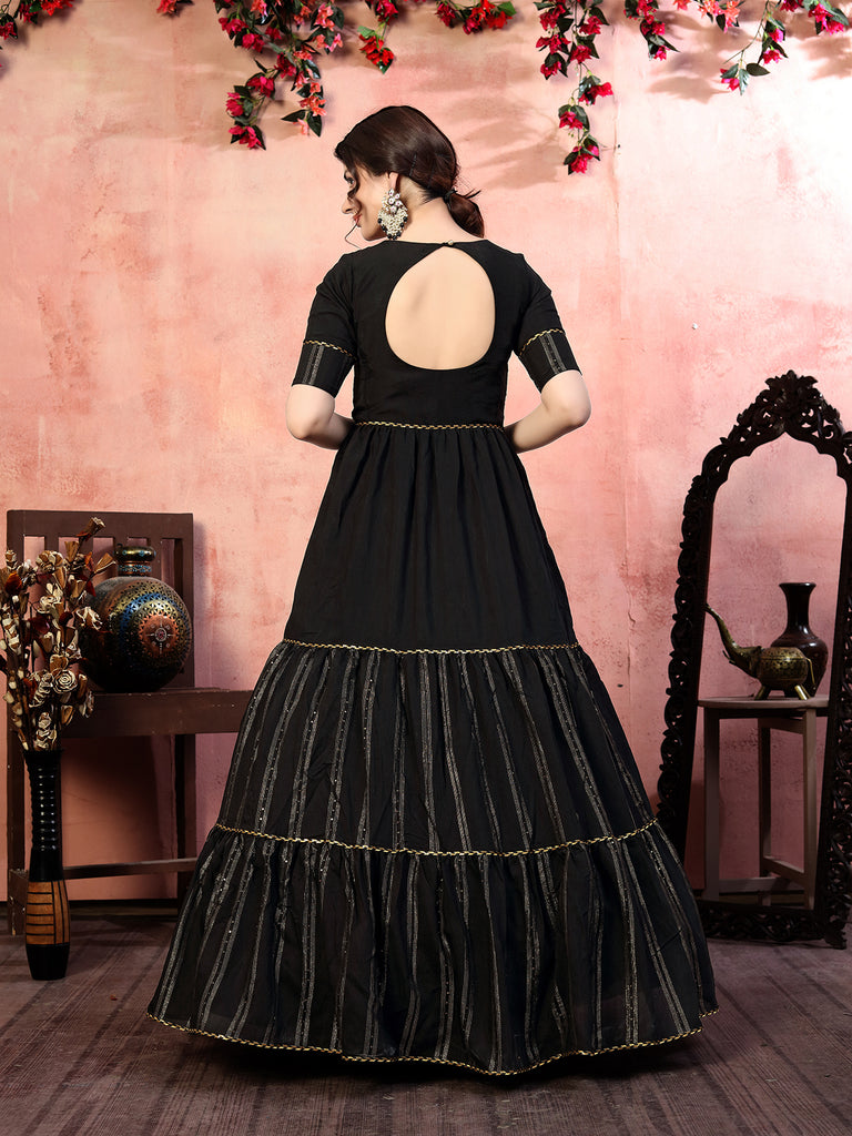 Dazzling Black Thread With Zari Lining Sequence Embroidered Silk Party Wear Gown Semi Stitched ClothsVilla