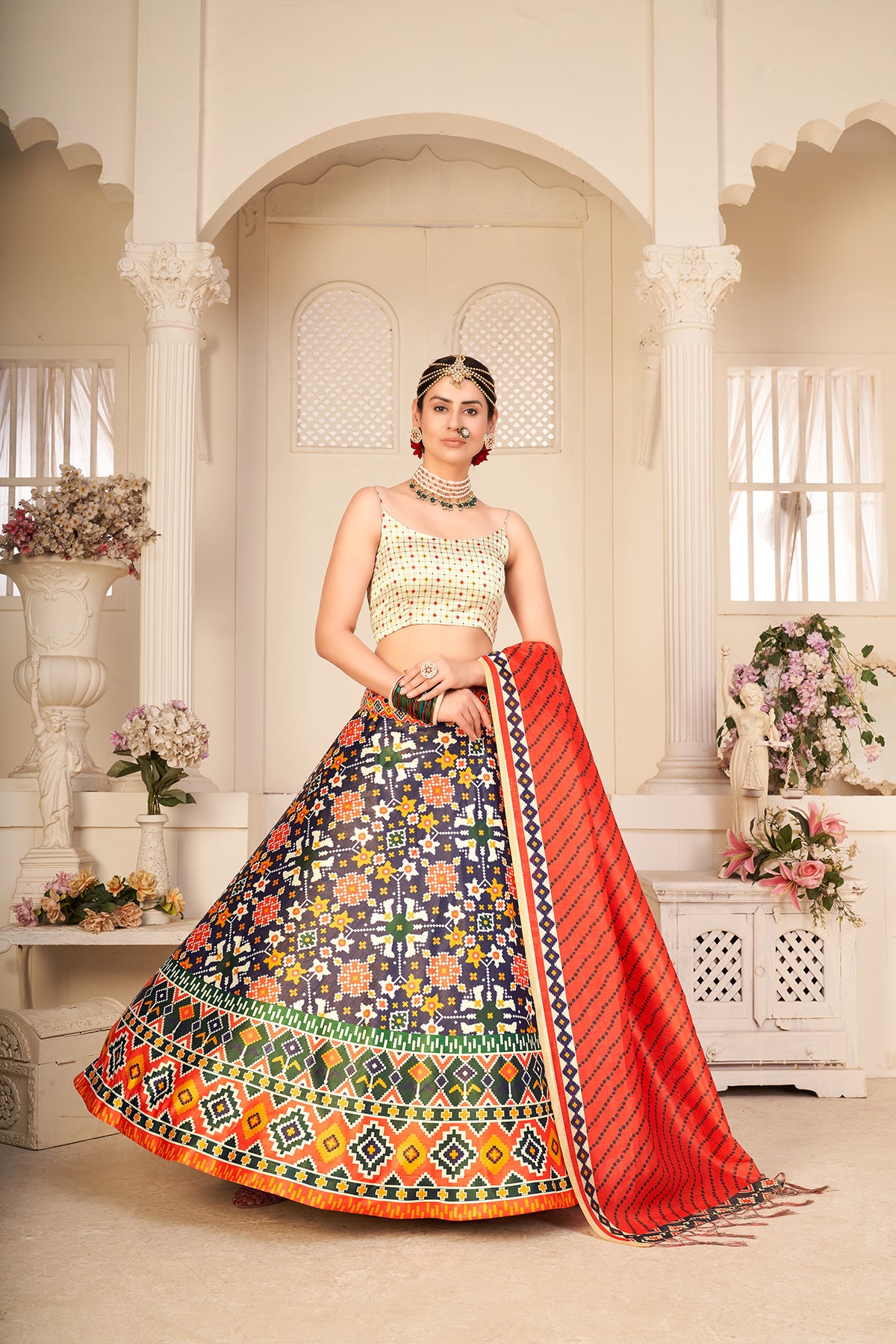 Dazzling Navy Blue Color Sangeet Wear Digital Printed Work Art Silk Lehenga Choli ClothsVilla