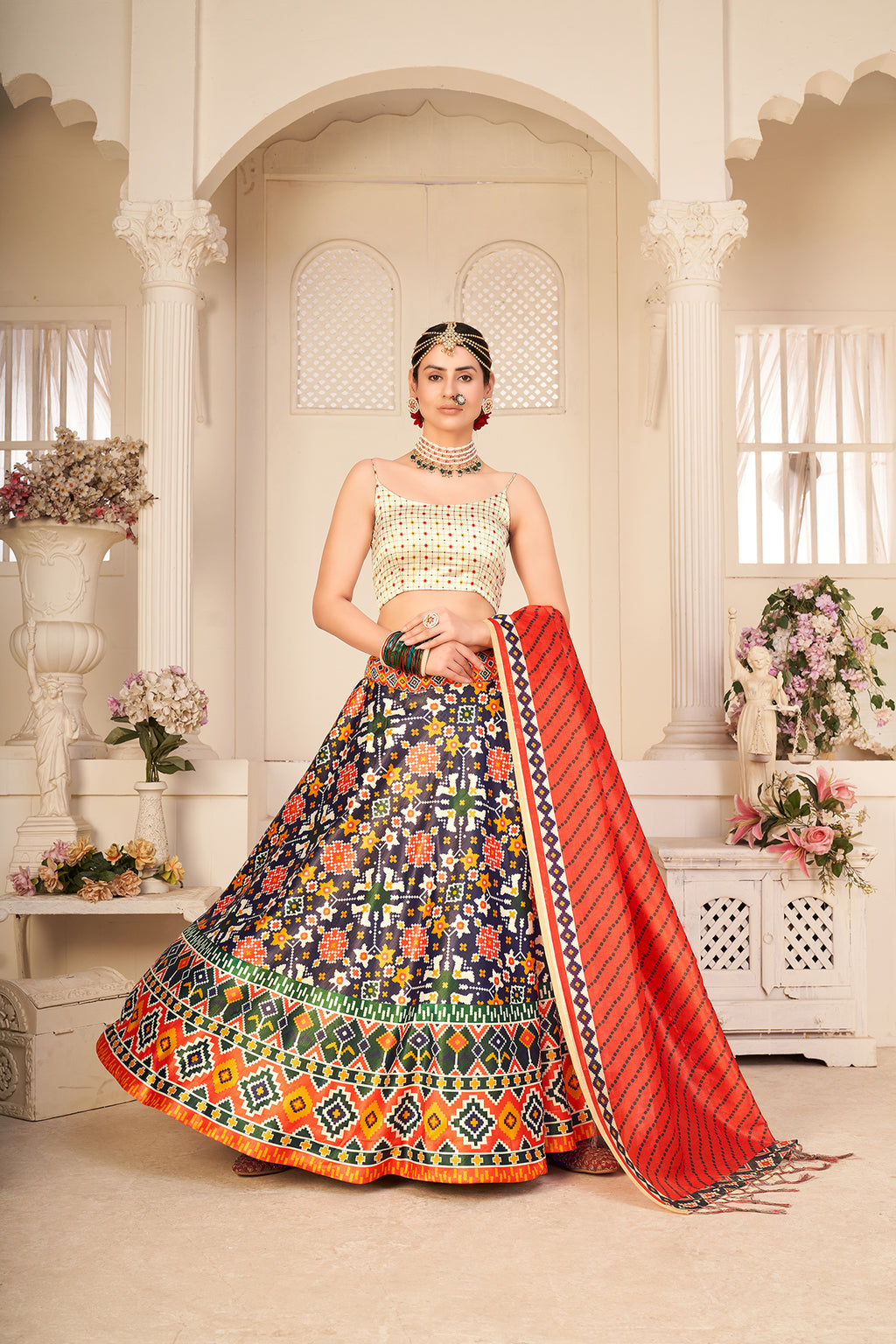 Dazzling Navy Blue Color Sangeet Wear Digital Printed Work Art Silk Lehenga Choli ClothsVilla