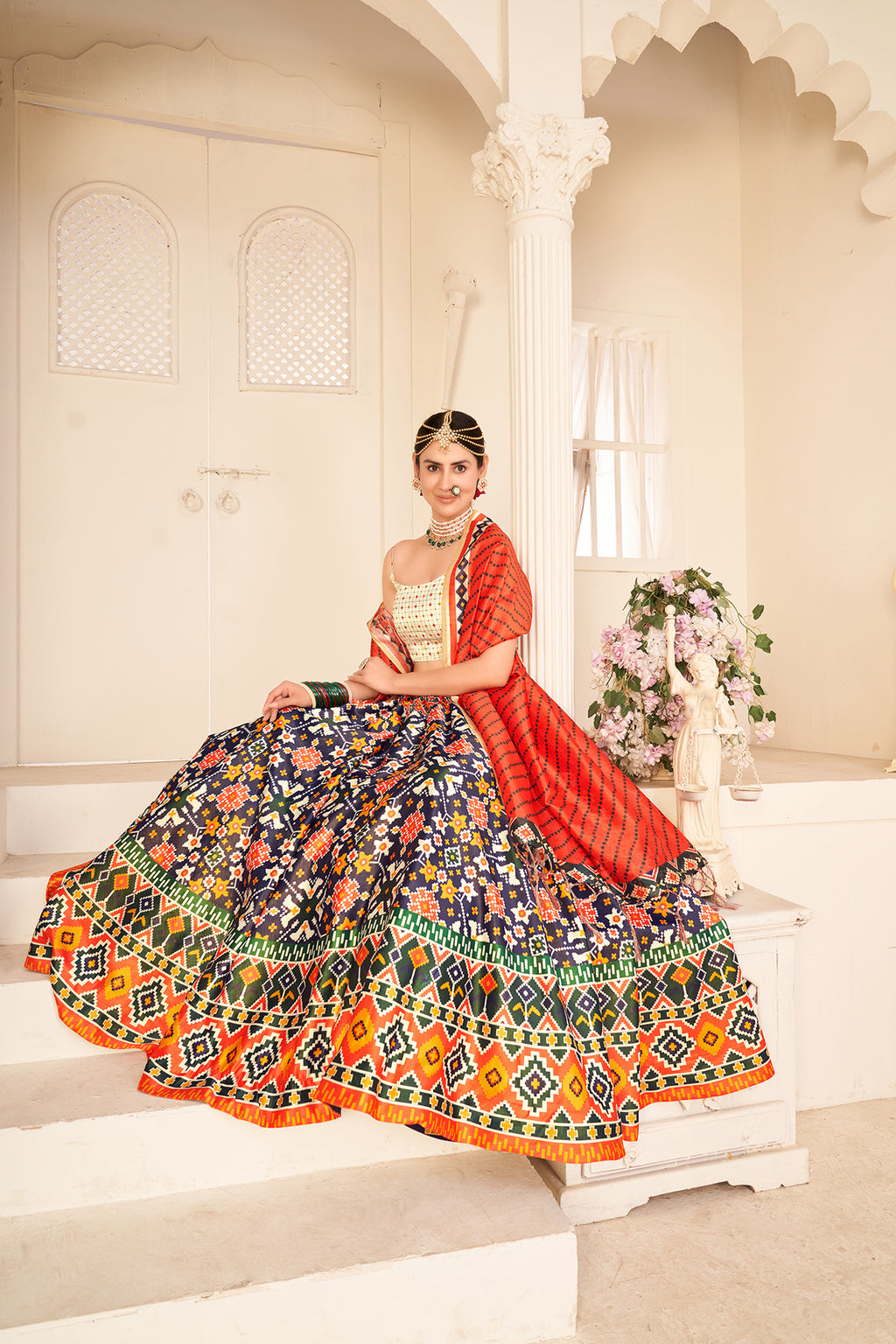 Dazzling Navy Blue Color Sangeet Wear Digital Printed Work Art Silk Lehenga Choli ClothsVilla