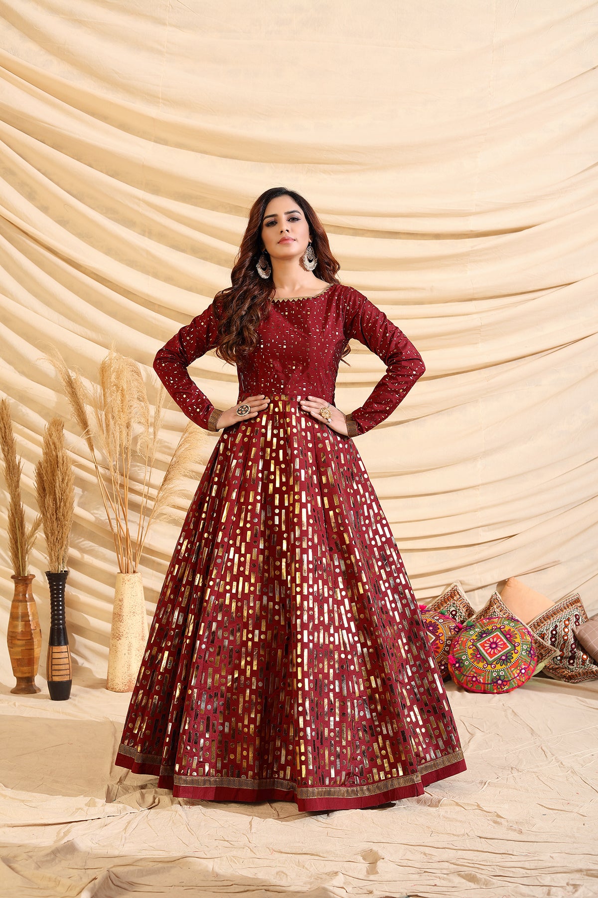 Decent Maroon Color Taffeta Silk Base Foil Print Base Partywear Gown ClothsVilla