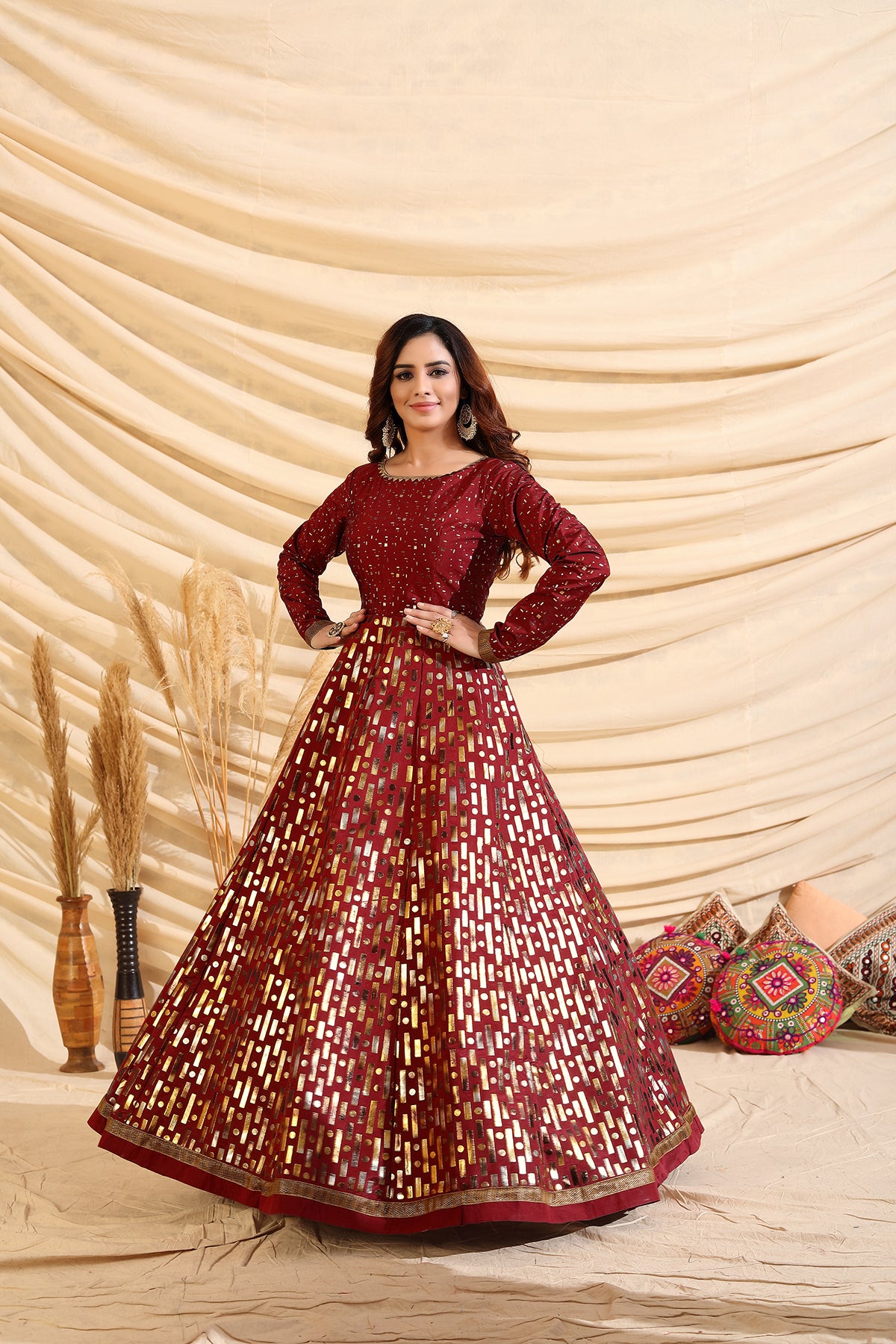 Decent Maroon Color Taffeta Silk Base Foil Print Base Partywear Gown ClothsVilla