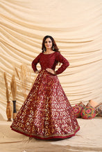 Load image into Gallery viewer, Decent Maroon Color Taffeta Silk Base Foil Print Base Partywear Gown ClothsVilla