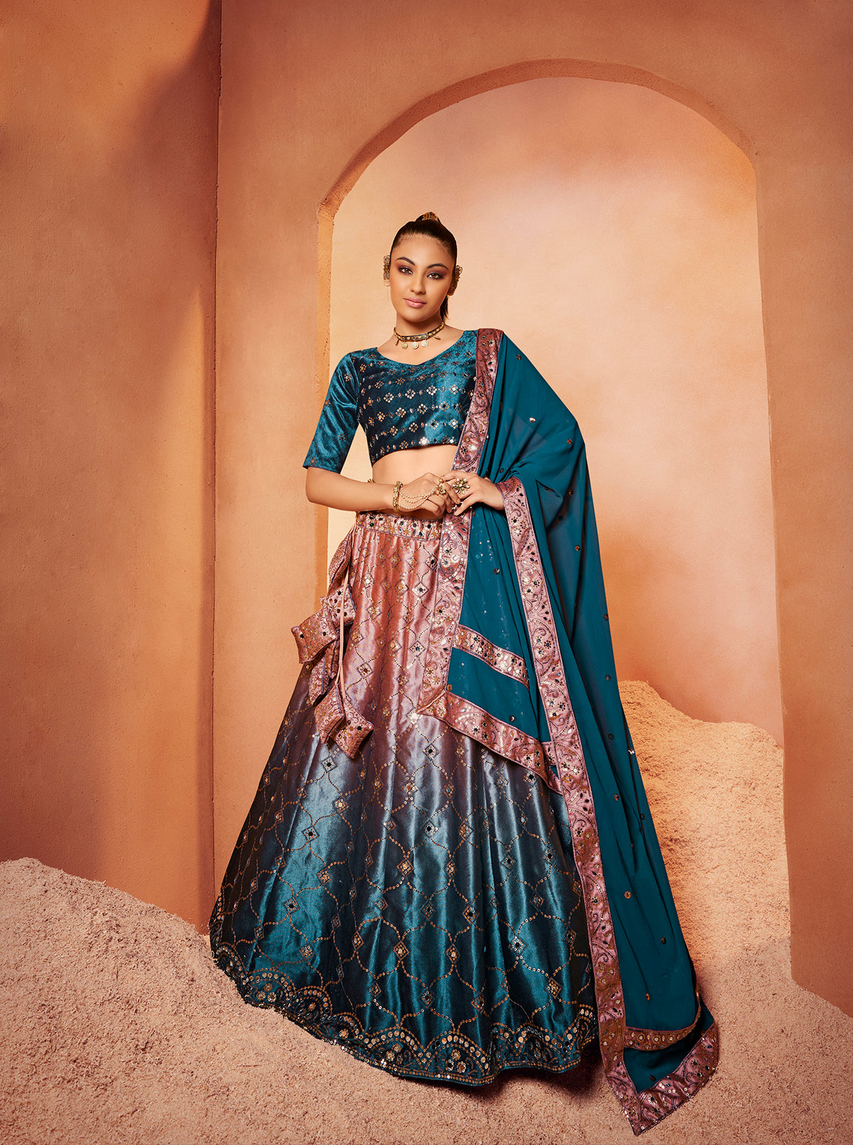 Decent Teal Blue Color Mirror & Sequence Work Velvet Lehenga Choli Clothsvilla
