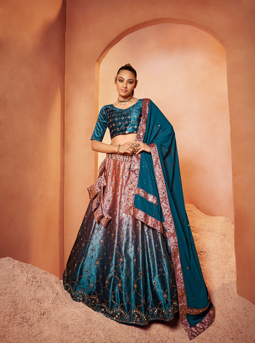 Decent Teal Blue Color Mirror & Sequence Work Velvet Lehenga Choli Clothsvilla