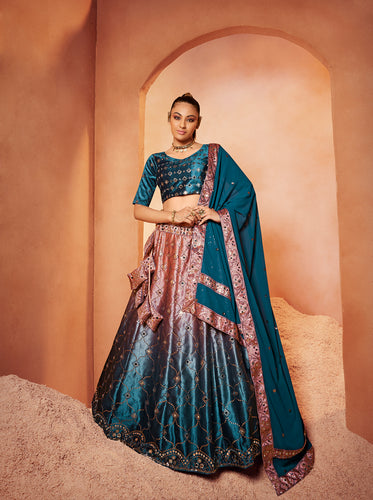 Decent Teal Blue Color Mirror & Sequence Work Velvet Lehenga Choli Clothsvilla