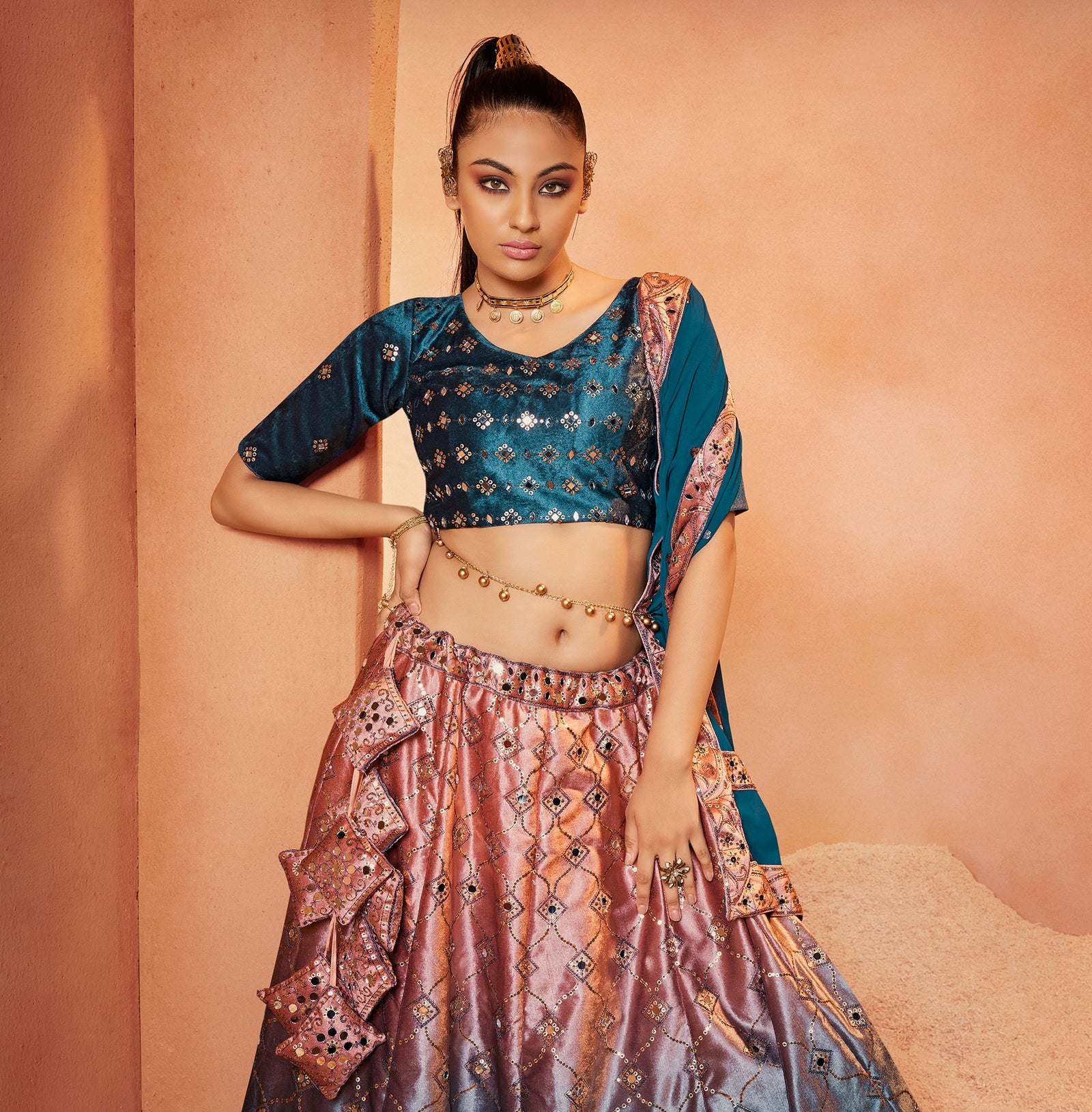 Decent Teal Blue Color Mirror & Sequence Work Velvet Lehenga Choli Clothsvilla