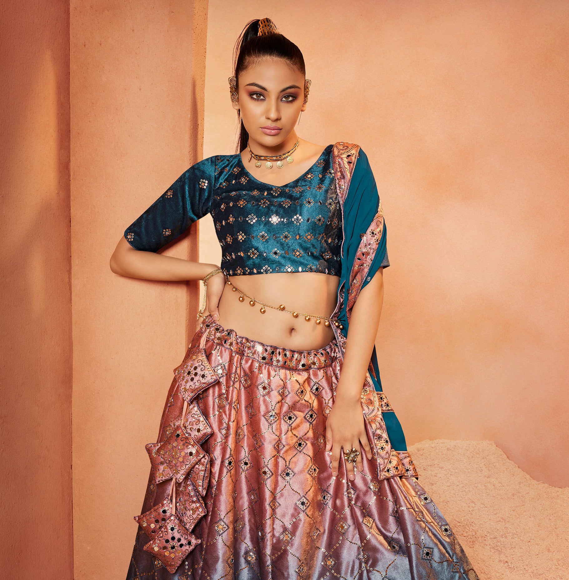 Decent Teal Blue Color Mirror & Sequence Work Velvet Lehenga Choli Clothsvilla