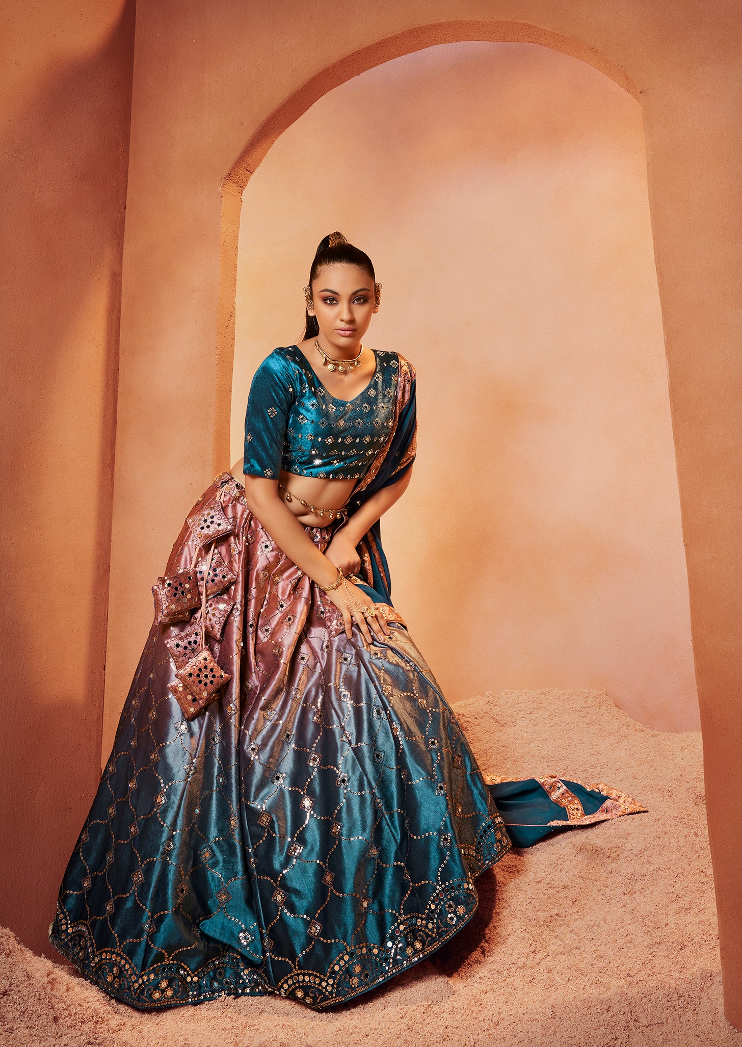 Decent Teal Blue Color Mirror & Sequence Work Velvet Lehenga Choli Clothsvilla